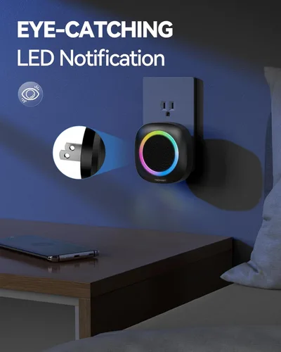 Vista 2 de TECKNET Timbre inalámbrico enchufable con iluminación RGB y rango de 1300 pies, timbre impermeable IP66 para el hogar, aula, oficina, negocios, 60