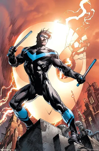Vista 10 de Trends International DC Comics Nightwing - Póster de pared de fuego, 14.725 x 22.375 pulgadas, versión enmarcada de madera de granero Versión