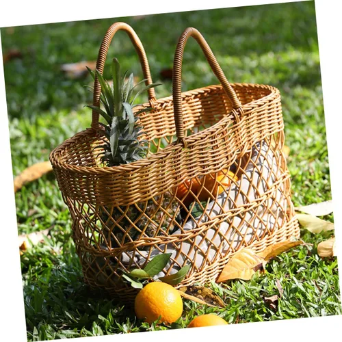 Vista 6 de Cesta tejida para comestibles Cesta de picnic Cesta de frutas portátil Suministros diarios