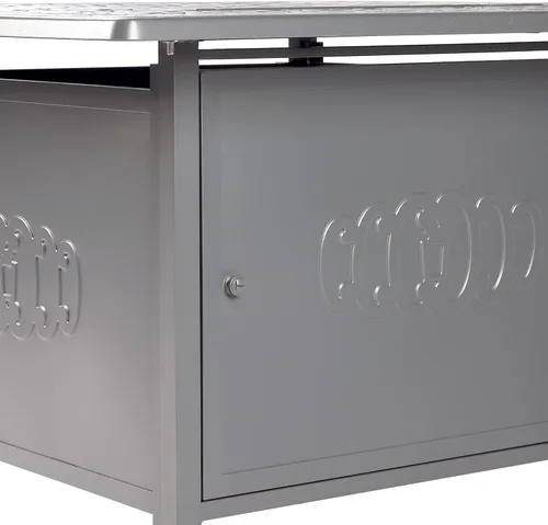 Vista 6 de Mesa cuadrada de aluminio para fogata de propano de 42 x 42 pulgadas con cuentas de vidrio, dos tapas, tapa, 57,000 BTU en acabado blanco