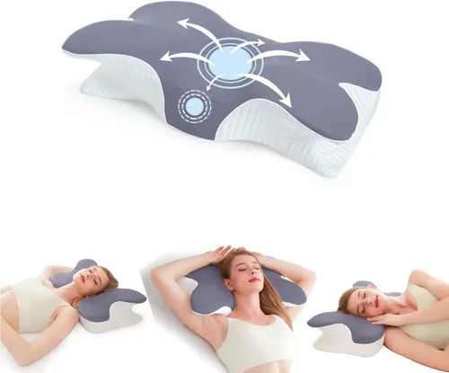 Vista 11 de Ergo - Almohada cervical para el cuello, almohada de espuma viscoelástica con doble altura, funda lavable transpirable, soporte de cuello y hombros