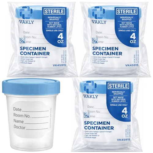 Vakly Vasos Estériles para Muestras Empaquetados Individualmente con Tapas [3 Unidades] Vaso de Recolección de Orina Transparente de 4 oz - Tapas de