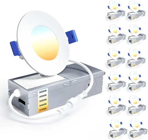Ensenior Paquete de 12 Luces LED Empotradas de Techo de 3 Pulgadas, Regulables, 2700K-5000K 5CCT, 500LM 6W 120V, Downlight Tipo Oblea Sin Caja de