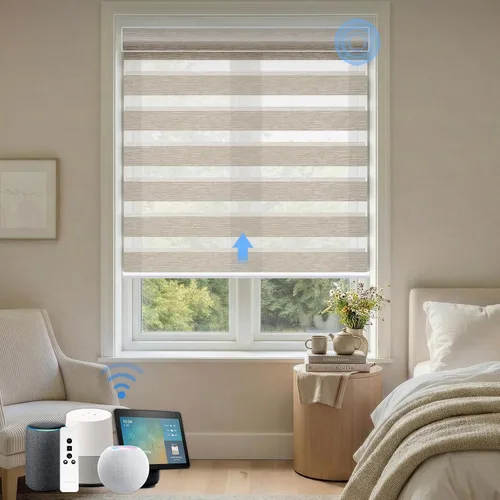 Vista 24 de Persianas motorizadas cebra, persianas opacas automáticas del 85 % para ventanas de interior, funcionan con HomeKit, Alexa, Google Home, persianas