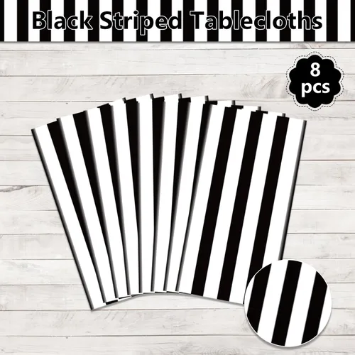 Vista 3 de 4 manteles de rayas blancas y negras, funda de mesa a rayas negras, decoración de mesa de plástico para vacaciones, cumpleaños, baby shower, picnic