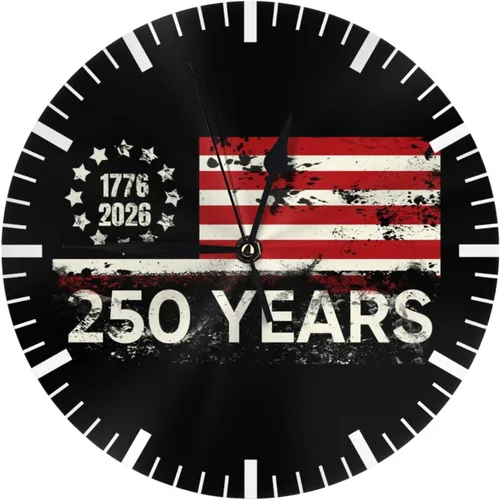 Round Wall Clock 250 Years Anniversary Silent Non-Ticking Decorative Clocks Battery Operated Retro USA Flag Quartz Quiet Desk Clocks for Home