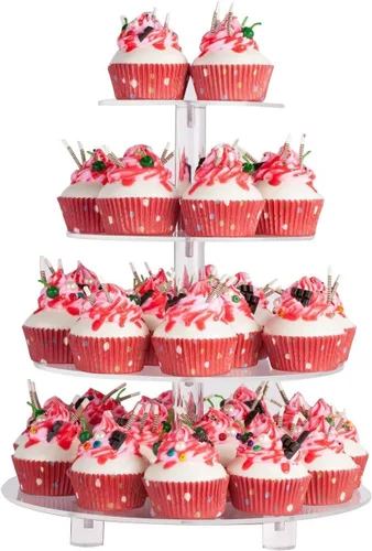 YestBuy Soporte redondo de acrílico para cupcakes de 4 niveles con base, soporte premium para cupcakes, torre de exhibición de cupcakes de acrílico