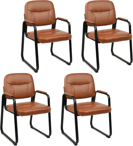 Vista 25 de CLATINA Silla de cuero para oficina, sala de espera, con base de trineo, silla de recepción sin ruedas con reposabrazos y soporte de madera, sillón