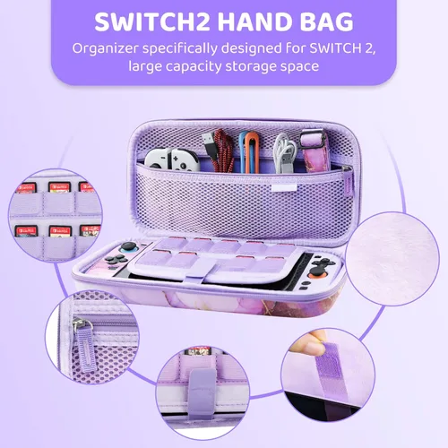 Vista 3 de FANPL Lindo paquete de funda para accesorios Nintendo Switch 2, funda de transporte de viaje para Switch 2 con piel dura con purpurina, correa