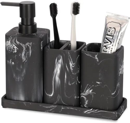 ZCCZ Juego de accesorios de baño, 4 piezas con dispensador de jabón, soporte para cepillo de dientes, vaso y jabonera para decoración moderna de