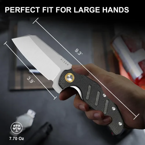 Vista 2 de Kizer C01C - Cuchillo de bolsillo para perro pastor XL, 3.9 pulgadas, 14C28N, cuchillo plegable EDC con mango de micarta de arpillera negra, bloqueo