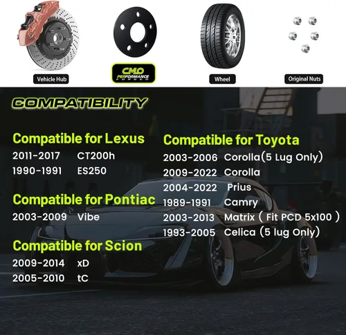 Vista 2 de Customadeonly Espaciadores de Ruedas Hubcentric Negros de 5mm (3/16") 5x100 Compatibles para Toyota Corolla Prius Camry Matrix Celica, Scion tC xD