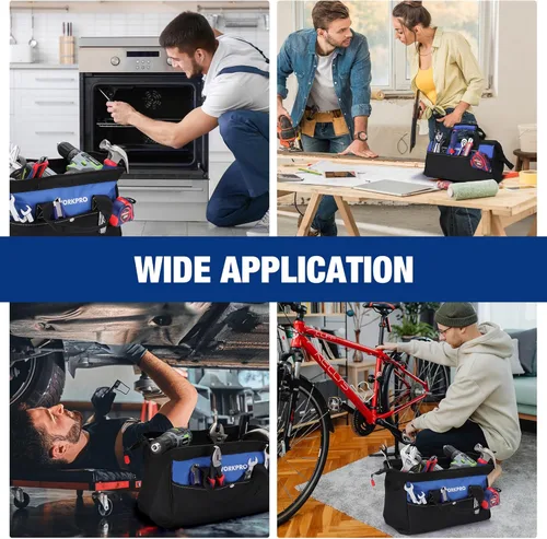 Vista 7 de WORKPRO Bolsa de herramientas de 13 pulgadas de boca ancha, bolsa de herramientas portátil con bolsillos interiores para almacenamiento