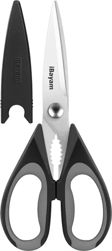 iBayam - Juego de utensilios de cocina para el hogar, tijeras de cocina de 8.5 pulgadas con funda, tijeras de cocina negras, tijeras multiusos