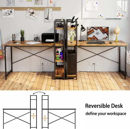 Vista 6 de IRONCK Escritorio para computadora de 55 pulgadas con toma de corriente y estantes de almacenamiento, mesa de estudio con puertos USB, estación