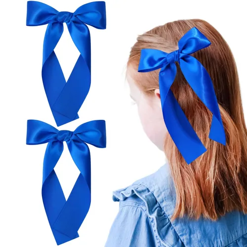 Vista 14 de 2 piezas de lazos largos con cinta para el pelo para niñas, clip de pelo con lazo de seda, accesorio para el cabello con cinta de grogrén para Rojo
