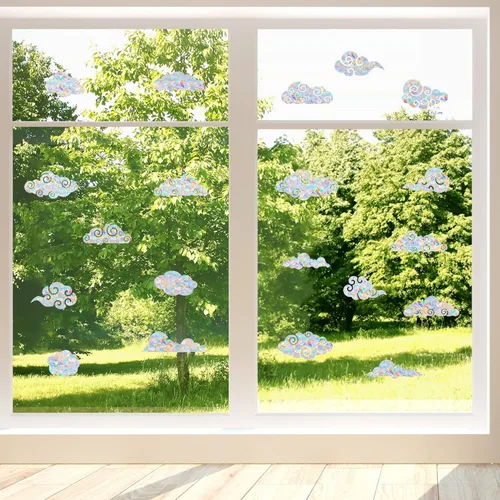 Vista 3 de 24 calcomanías para ventana de nube, adhesivos anticolisión para prevención de golpes de pájaros, atrapasoles prismáticos no adhesivos