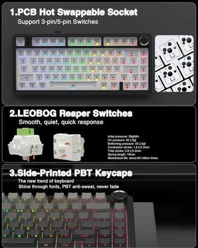 Vista 5 de AULA Combo de teclado y mouse inalámbricos, teclados mecánicos F75 Pro, 75% de junta teclado personalizado intercambiable en caliente+mouse