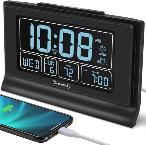 DreamSky Despertadores para dormitorios con batería de respaldo, reloj digital de ajuste automático con fecha y día de la semana, temperatura,