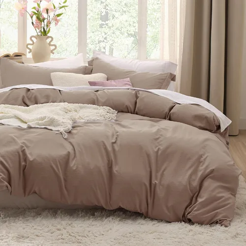 Bedsure Funda de edredón caqui de tamaño matrimonial, suave, prelavado, 3 piezas, 1 funda de edredón de 80 x 90 pulgadas con cierre de cremallera, 2