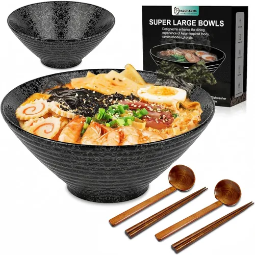NJCHARMS Juego de 2 cuencos de cerámica para ramen, cuencos de sopa de fideos japoneses de 60 onzas con cucharas y palillos para sopa de ramen,