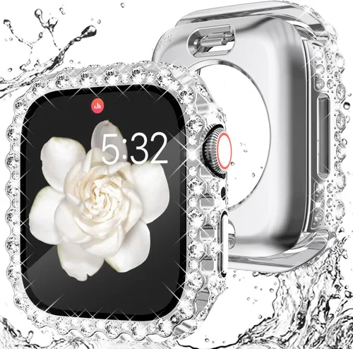 Vista 10 de Wingle 2 en 1 Funda impermeable para Apple Watch 40mm Protector de pantalla SE 3/2/1 Series 6 5 4, Bling Lace Edge Diamond Cara Cubierta Completa