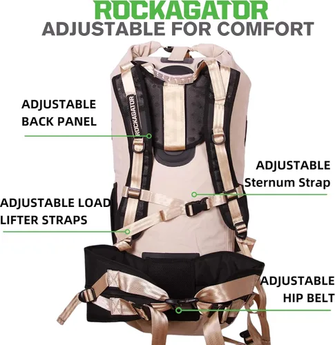 Vista 2 de Mochila impermeable Kanarra de 90L de Rockagator para acampada, senderismo, caza - Gran capacidad, cierre enrollable, Desert Tan, 90 L, Mochila