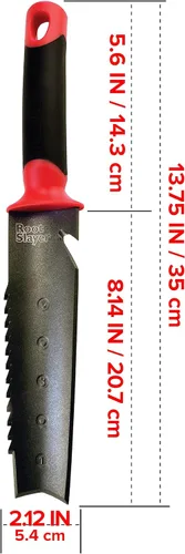 Vista 2 de Root Slayer 16211 Cuchillo de tierra de jardín con hoja dentada para excavar, deshierbar y cortar raíces, herramienta de acero, color rojo