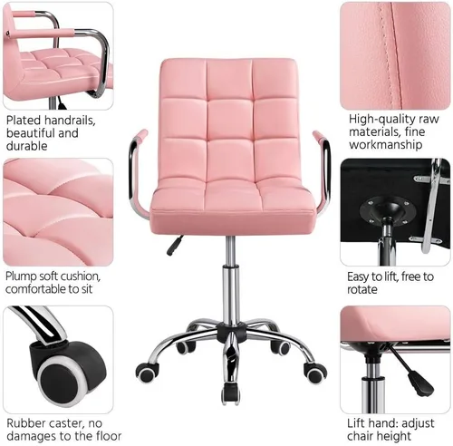 Vista 5 de Yaheetech Modern PU Leather Desk Office Chairs with Wheels/Armrests Height Adjustable Home Computer Executive Chair on Wheels 360° Swivel, Pink