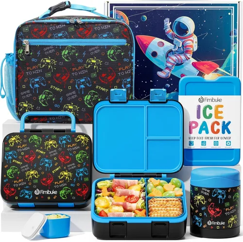 Vista 11 de Fimibuke Lonchera Bento de 32 onzas para niños con termo de 12 onzas, bolsa de almuerzo aislada y bolsa de hielo, contenedor de comida de 3