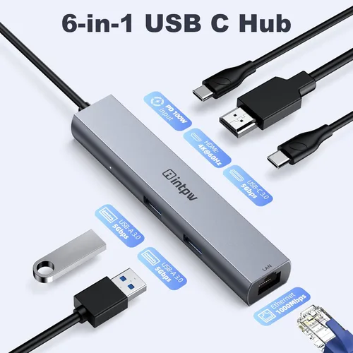 Vista 2 de intpw Divisor de concentrador USB C a USB A, 6 puertos, 4K, HDMI, Ethernet PD100W, Thunderbolt a USB C, adaptador multipuerto, USB 3.0, 5Gbps