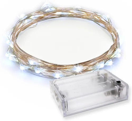 Vista 9 de 20 tiras de luces microledes en color blanco cálido, a batería, con cable plateado de 7 pies