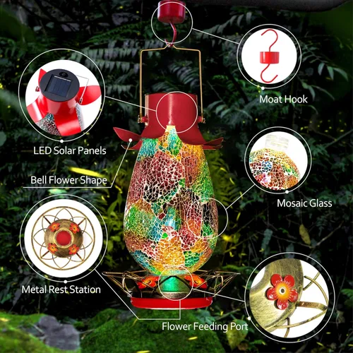 Vista 2 de Comedero solar LED para colibríes para exteriores, mosaico de vidrio multicolor, botella de néctar de colibrí colgante con 4 estaciones