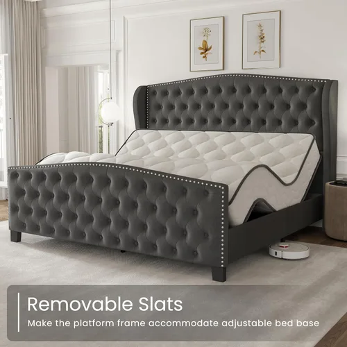 Vista 9 de LARMACE Base de cama tamaño King con plataforma tapizada de terciopelo con cabecera con respaldo de alas y pie de cama, base de cama capitoné