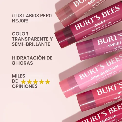 Vista 3 de Burt's Bees Bálsamo labial con color con fórmula de bálsamo tintado 2 en 1 de larga duración, color infundido con manteca de karité profundamente
