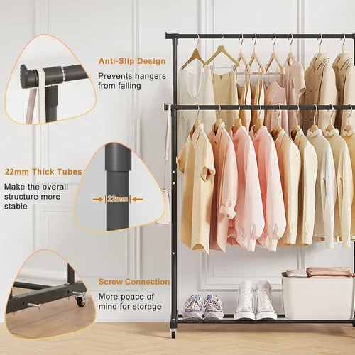 Vista 8 de Calmootey Perchero de ropa con doble barra para colgar ropa, almacenamiento de abrigos, organizador para dormitorio, sala de estar, apartamentos
