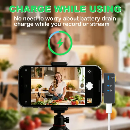 Vista 7 de BSONE Micrófono Lavalier inalámbrico para iPhone y Android, mini micrófono con clip con funda de carga, micrófonos profesionales recargables