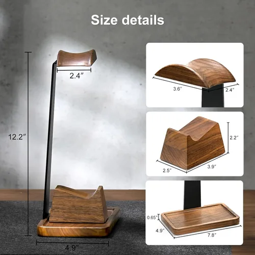 Vista 9 de UPERGO Headset Stand with Gaming Controller Holder, Walnut Wood Headphone Stand with Storage Base, Gaming Equipment Accessories for Desk