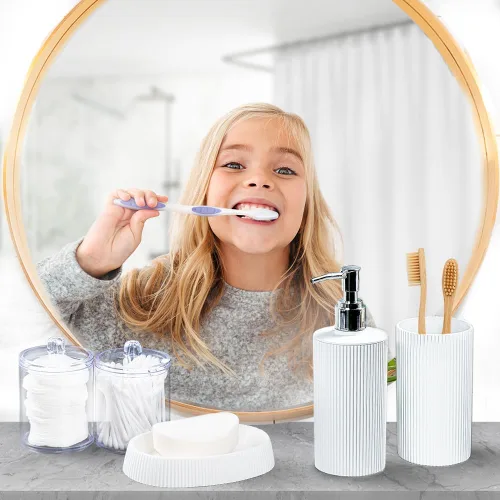 Vista 2 de Bathroom Accessories Sets Complete (7 pcs) Bathroom Accessories Set with Trash Can, Hand Soap Dispenser, Soap Dish, Toothbrush Holder, Qtip