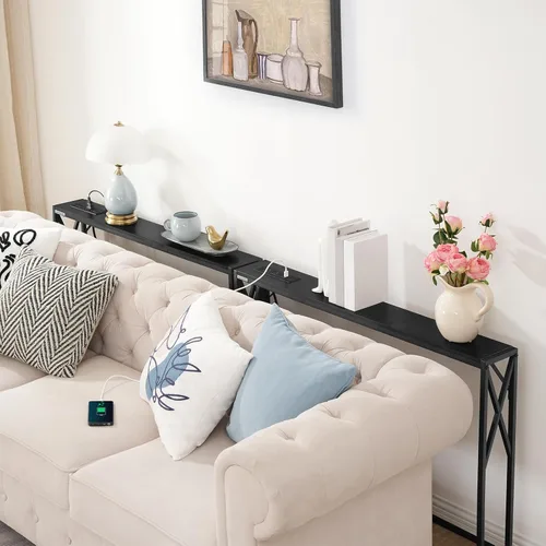 Vista 5 de MAHANCRIS Paquete de 2 mesas de sofá con estación de carga, mesa consola de 39.4 pulgadas, mesa de entrada estrecha, mesa de pasillo delgada, mesa