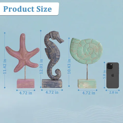 Vista 3 de 3 piezas de figuras náuticas de playa hechas a mano en madera estilo estrella de mar/concha/caballo de mar Estatua decoración del hogar (multicolor)