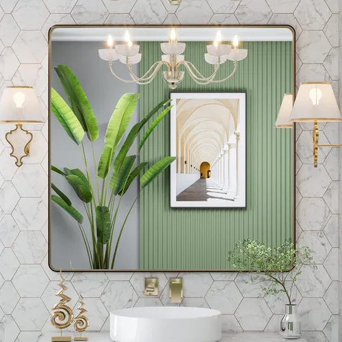Vista 84 de LOAAO - Espejo de baño/tocador con marco de metal color níquel cepillado plateado de 22x30 pulgadas para pared, rectangular, redondeado