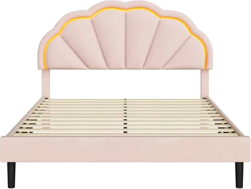 Vista 17 de HIFIT Marco de cama LED inteligente tapizado completo con cabecera ajustable de pétalos elegantes, marcos de cama de plataforma