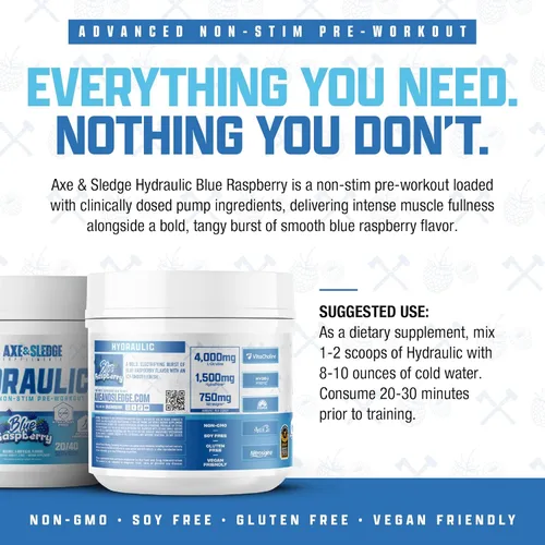 Vista 4 de Axe & Sledge Hydraulic Stim-Free Pre-Workout Powder for Men & Women, Performance, Stamina, Focus, Pumps, L-Citrulline, Beta Alanine, Creatine