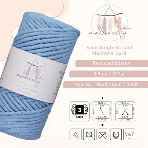 Vista 2 de Makromecity, Cordón de macramé de un solo hilo de 3 mm x 100 yardas (300 pies) de 3 mm de cordón de algodón azul bebé para arte y manualidades