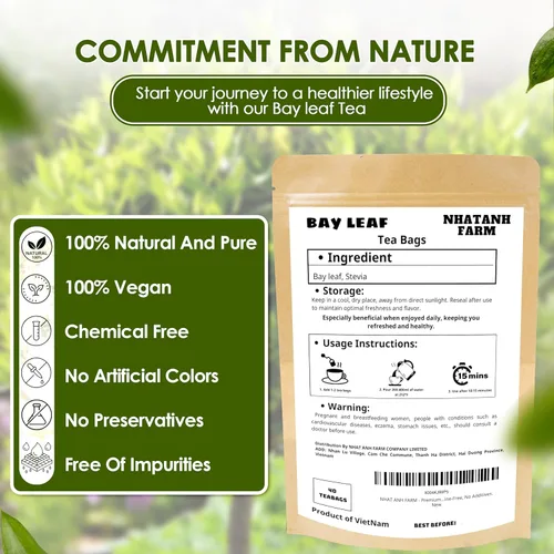 Vista 3 de NHAT ANH FARM - Bolsas de té de hoja de laurel premium, 100 bolsas de té, hoja de laurel seca 100% natural, sin azúcar, sin cafeína, sin aditivos.