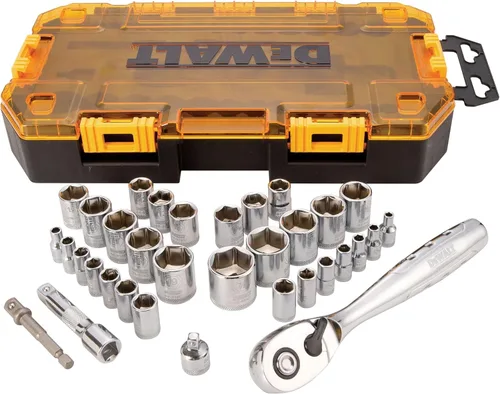 DEWALT Juego de llaves de vaso, transmisión de 1/4 pulgadas y 3/8 pulgadas, SAE/métrica, 34 piezas (DWMT73804)