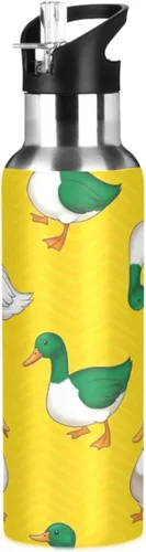 Insulated Water Bottle 20 Oz, BPA-Free Sports Water Bottle with Straw for Gym Outdoor Travel School, Green White Ducks Yellow