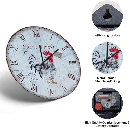 Vista 3 de Reloj de pared de madera de pollo campestre de 16 pulgadas, sin sonido de cuarzo, funciona con pilas, estilo vintage, gallo analógico, reloj