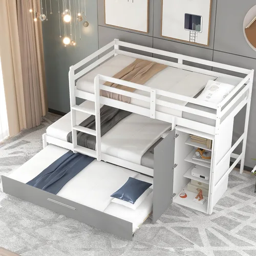 Vista 56 de Elegante litera individual sobre matrimonial con escaleras y barandillas de seguridad, la cama de plumón se puede convertir en sofá cama